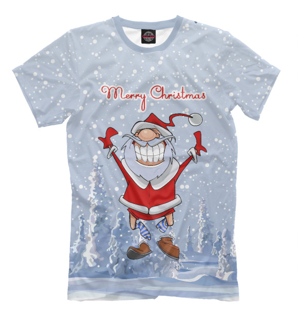 Мужская футболка с изображением Санта Клаус прыгает в лесу цвета Белый