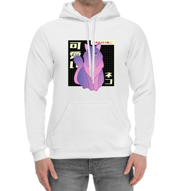 Мужской хлопковый худи с изображением Vaporwave Cat цвета Белый