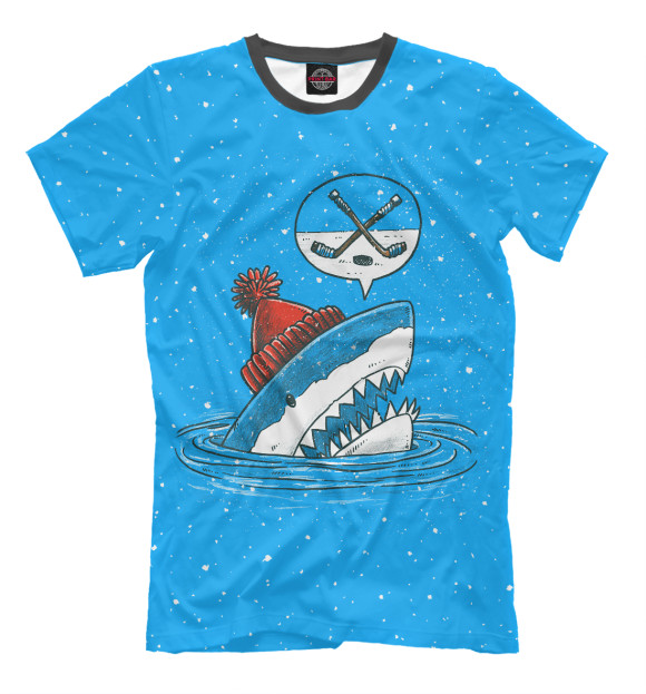 Мужская футболка с изображением Акула хоккейный фанат цвета Грязно-голубой
