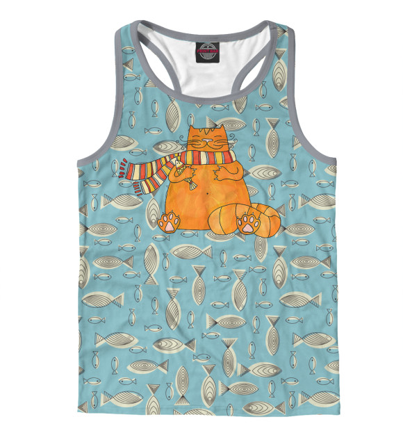 Мужская майка-борцовка с изображением Кот с рыбкой цвета Белый