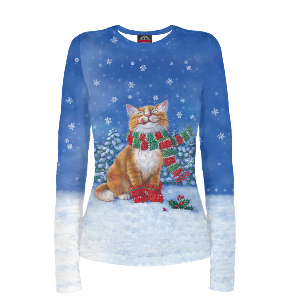 Женский лонгслив с изображением Christmas Cat цвета Белый