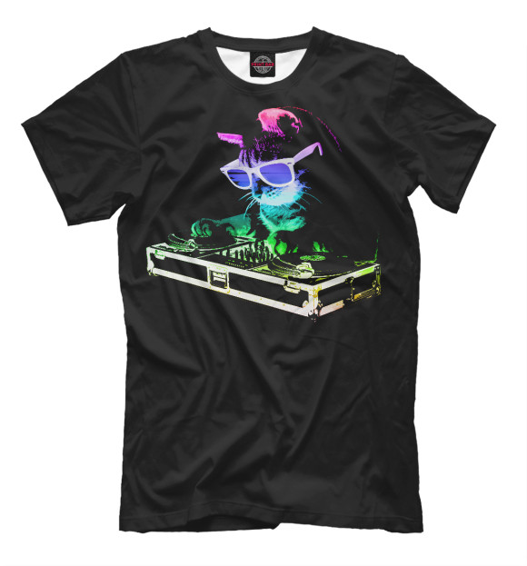 Мужская футболка с изображением Кот Диджей цвета Черный