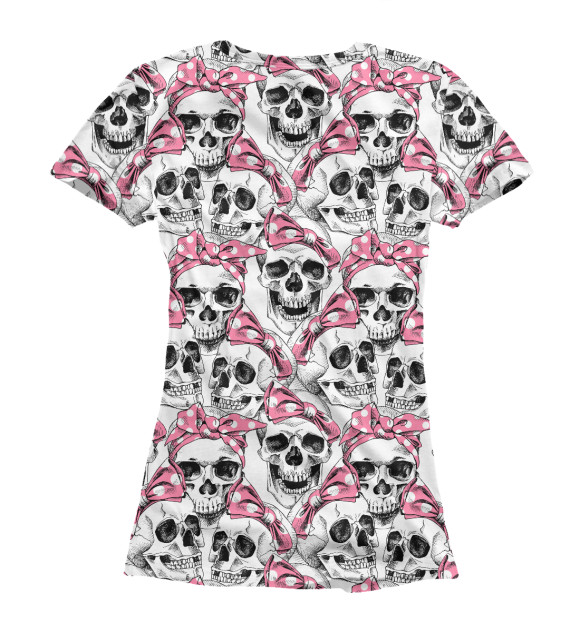 Женская футболка с притом Черепа в розовых платках цвета Белый Женская футболка с изображением Черепа в розовых платках цвета Белый