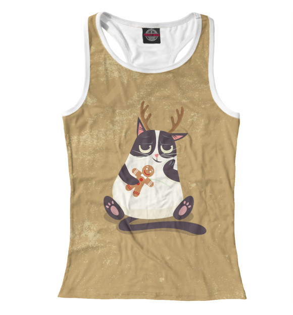 Женская майка-борцовка с изображением Новогодний кот цвета Белый