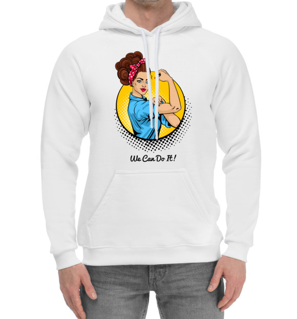 Мужской хлопковый худи с изображением We can do it! цвета Белый