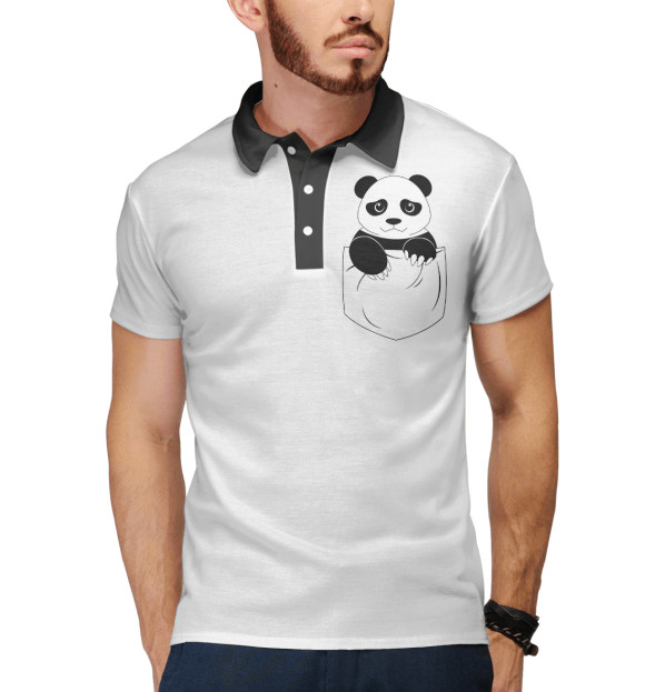 Мужское поло с изображением Панда в кармане цвета Белый