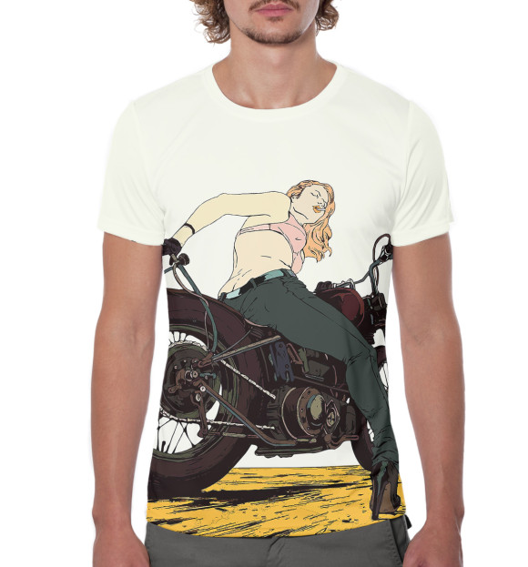 Мужская футболка с изображением Девушка на мотоцикле цвета Белый