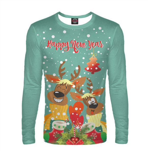 Мужской лонгслив с изображением Happy new year цвета Белый