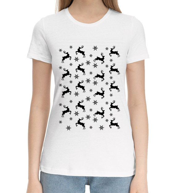 Женская хлопковая футболка с изображением Новогодний олень цвета Белый