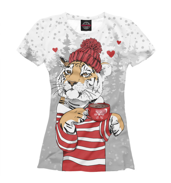 Футболка для девочек с изображением Тигр с чашкой кофе цвета Белый