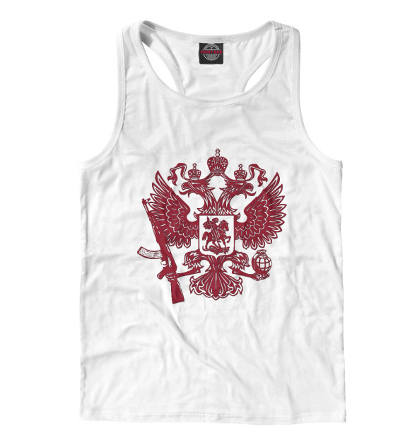 Мужская майка-борцовка с изображением Герб РФ с автоматом цвета Белый