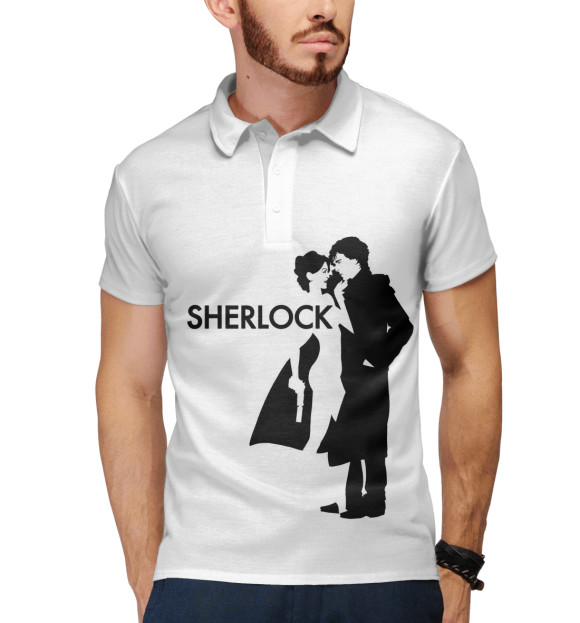 Мужское поло с изображением Шерлок - Sherlock цвета Белый