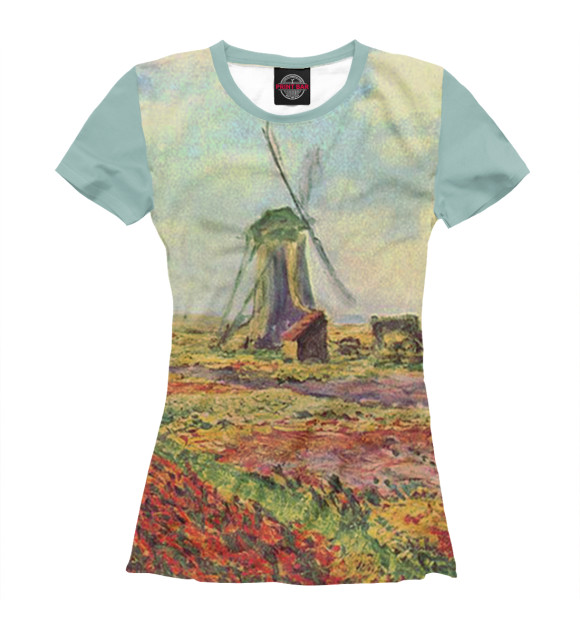 Женская футболка с изображением Клод Моне. Ветряная мельница цвета Белый