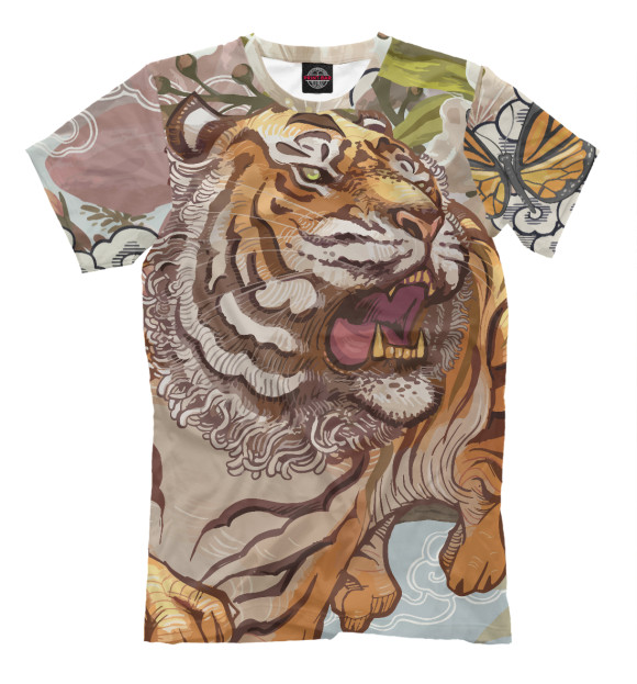 Мужская футболка с изображением Тигр в садах сакуры цвета Молочно-белый