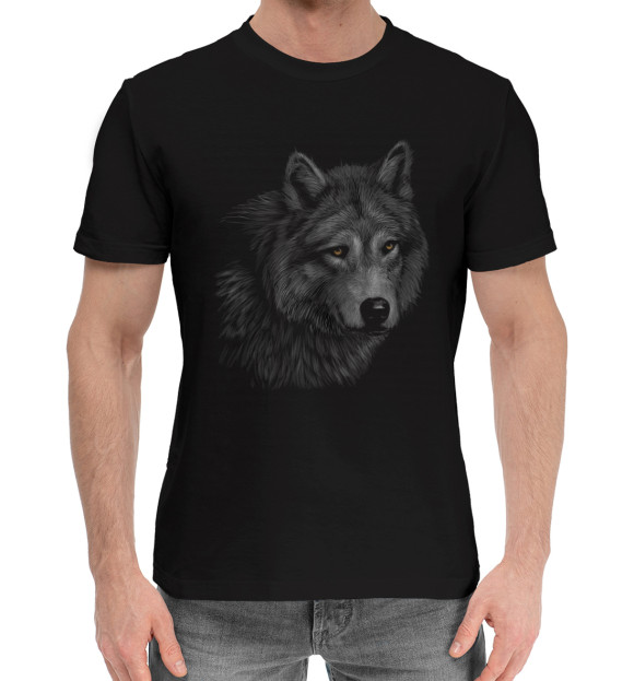 Мужская хлопковая футболка с изображением Волк цвета Черный