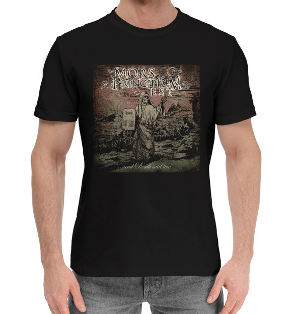 Мужская хлопковая футболка с притом Morsprincipiumest цвета Черный Мужская хлопковая футболка с изображением Morsprincipiumest цвета Черный