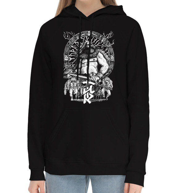 Женский хлопковый худи с изображением Славянские Боги Перун и Велес цвета Черный