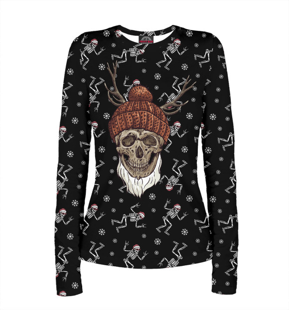 Женский лонгслив с изображением Череп Санты цвета Белый