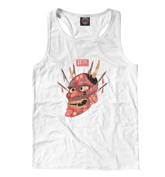 Мужская майка-борцовка с изображением Японская маска демона цвета Белый