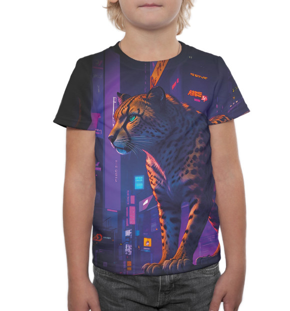 Футболка для мальчиков с изображением Гепард на фоне города цвета Белый