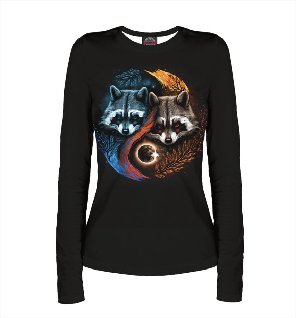 Женский лонгслив с притом Инь-янь еноты цвета Белый Женский лонгслив с изображением Инь-янь еноты цвета Белый