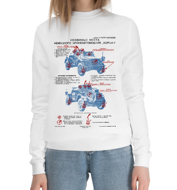 Женский хлопковый свитшот с изображением Уязвимые места Хорьх I цвета Белый