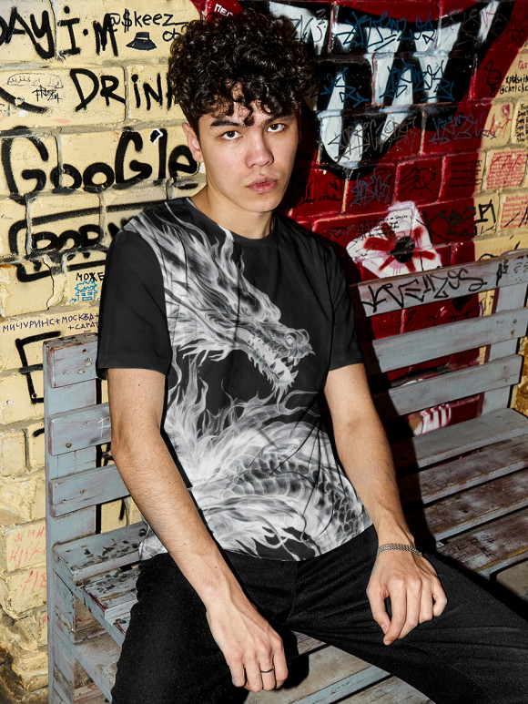 Мужская футболка с изображением Негативный дракон цвета Белый