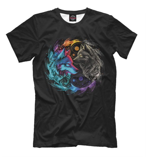 Мужская футболка с изображением Инь-янь неоновые волки цвета Белый