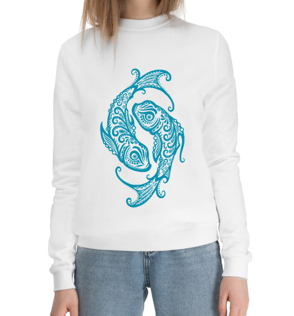 Женский хлопковый свитшот с изображением Зодиак - Рыбы цвета Белый