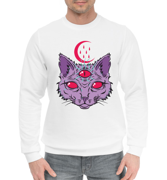 Мужской хлопковый свитшот с изображением Devil Cat цвета Белый