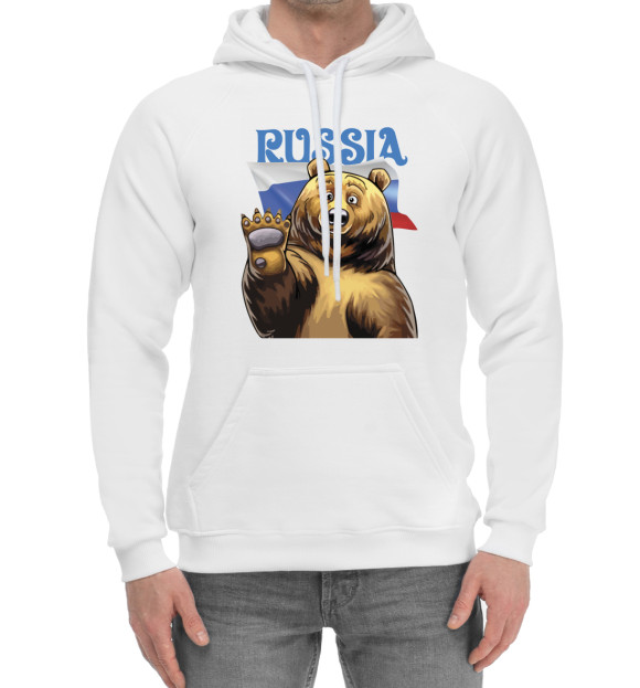 Мужской хлопковый худи с изображением Russia цвета Белый