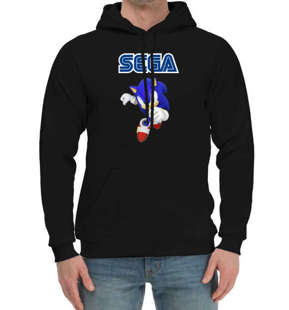 Мужской хлопковый худи с изображением Соник Sega цвета Черный
