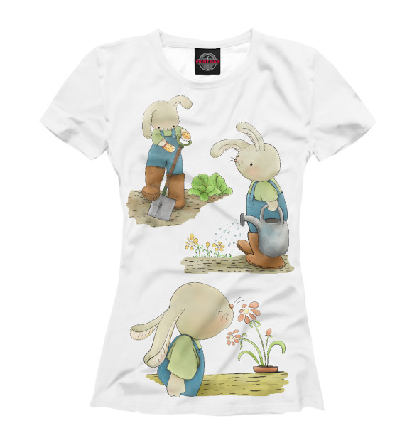 Женская футболка с изображением Кролики в саду цвета Белый