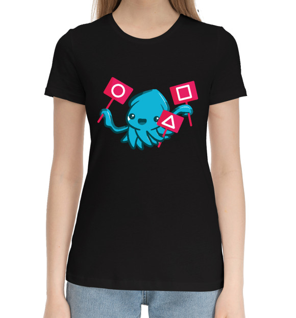 Женская хлопковая футболка с изображением Кальмар цвета Черный