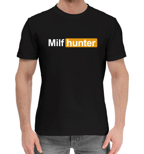 Мужская хлопковая футболка с изображением Milf Hunter черный фон цвета Черный