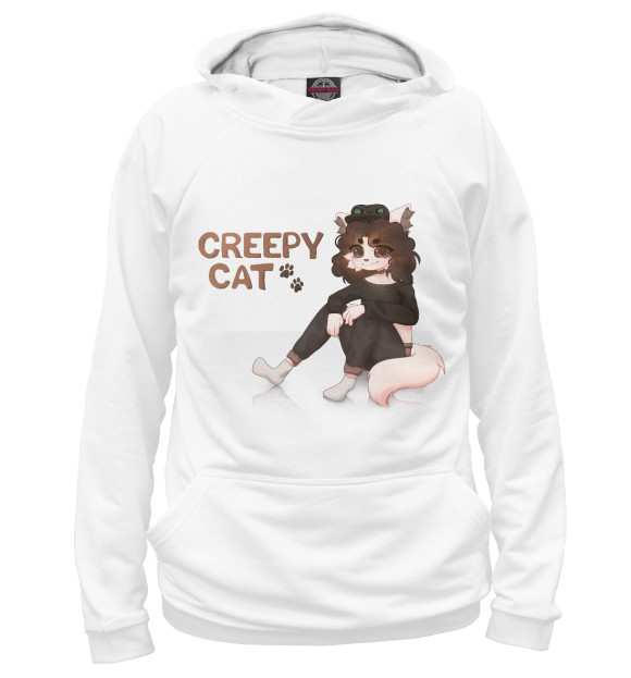 Мужское худи с изображением Creepy cat цвета Белый