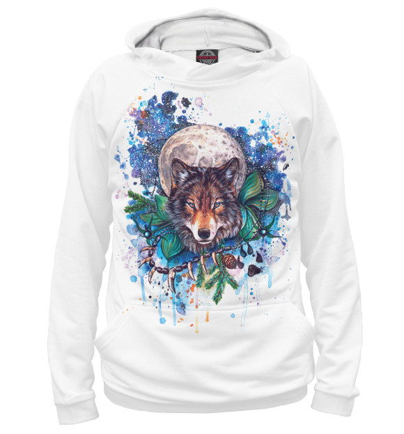 Мужское худи с изображением Акварельный волк цвета Белый