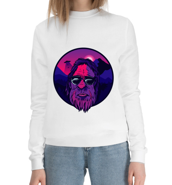 Женский хлопковый свитшот с изображением Бигфут и НЛО цвета Белый