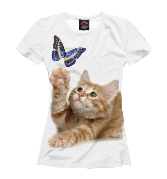 Женская футболка с изображением Котенок и бабочка цвета Белый