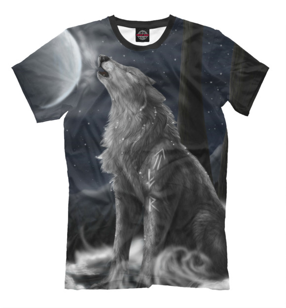 Мужская футболка с изображением Волк с рунами цвета Черный