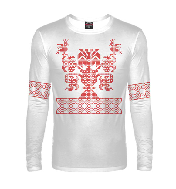 Мужской лонгслив с изображением Славянский узор дерево мира цвета Белый