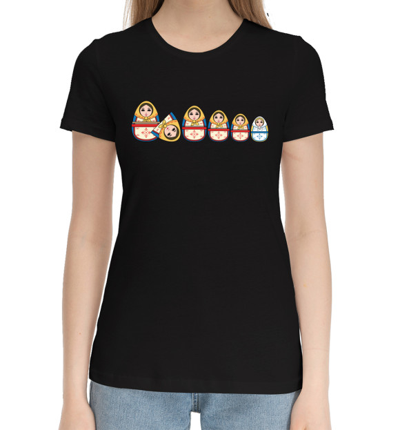 Женская хлопковая футболка с изображением Русские матрешки цвета Черный