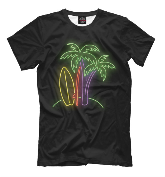 Мужская футболка с изображением Пальмы и серфинг цвета Белый