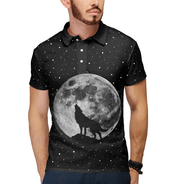Мужское поло с изображением Лунный волк цвета Белый