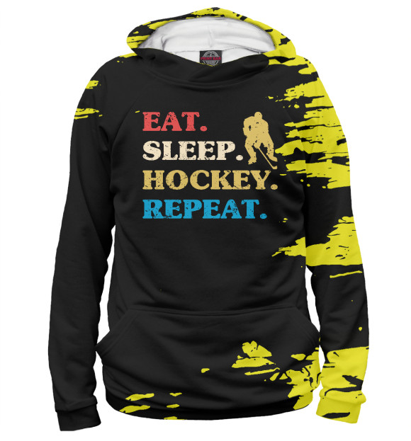 Мужское худи с изображением Eat Sleep Hockey Repeat цвета Белый