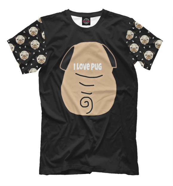 Мужская футболка с изображением I love pug цвета Черный