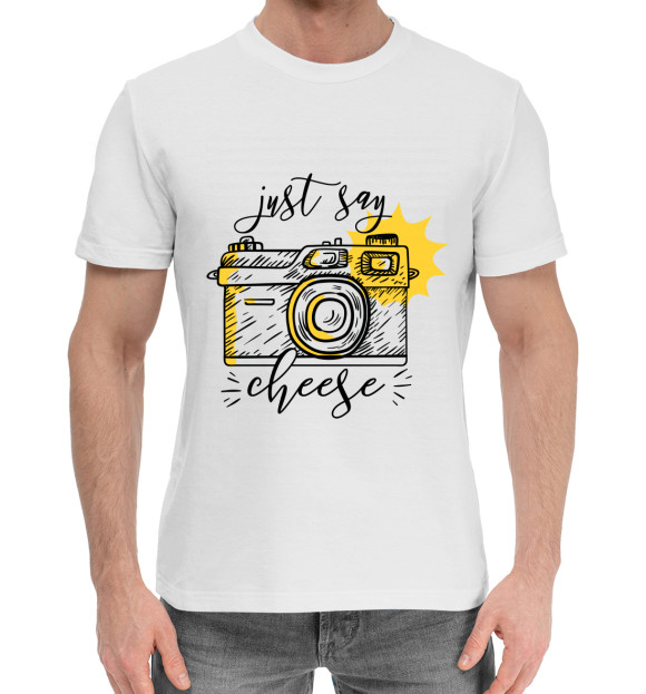 Мужская хлопковая футболка с изображением Just say cheese цвета Белый
