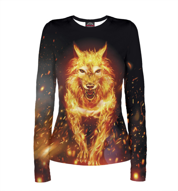 Женский лонгслив с изображением Огненный волк цвета Белый