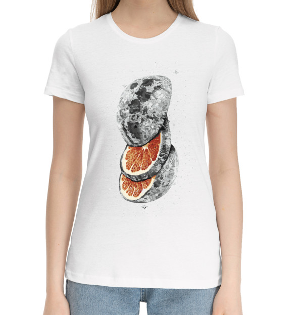 Женская хлопковая футболка с притом Апельсиновая Луна цвета Белый Женская хлопковая футболка с изображением Апельсиновая Луна цвета Белый