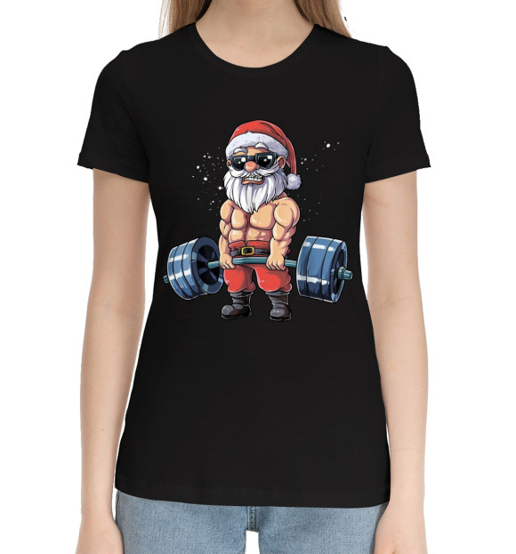Женская хлопковая футболка с изображением Power Santa цвета Черный